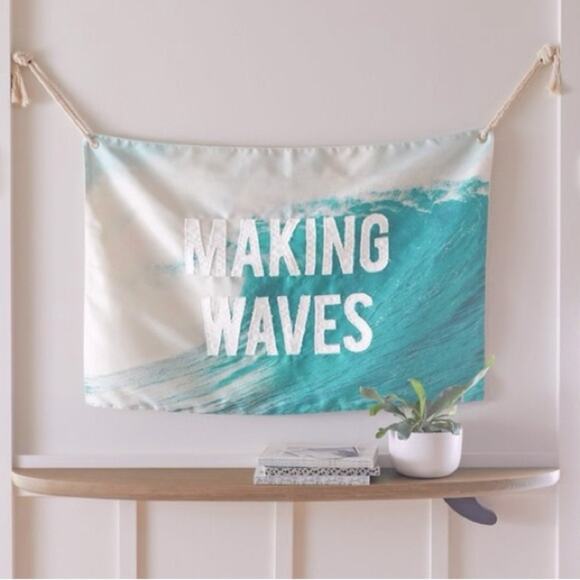 Pottery Barn Making Waves  Wall Hanging Decor Cream Blue Ocean Wave  24 x 36 NEW - Picture 1 of 6